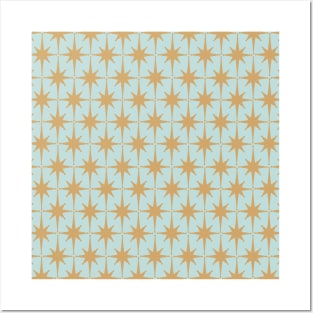 Midcentury Modern Starburst Pattern in Muted Gold and Light Ice Blue Posters and Art